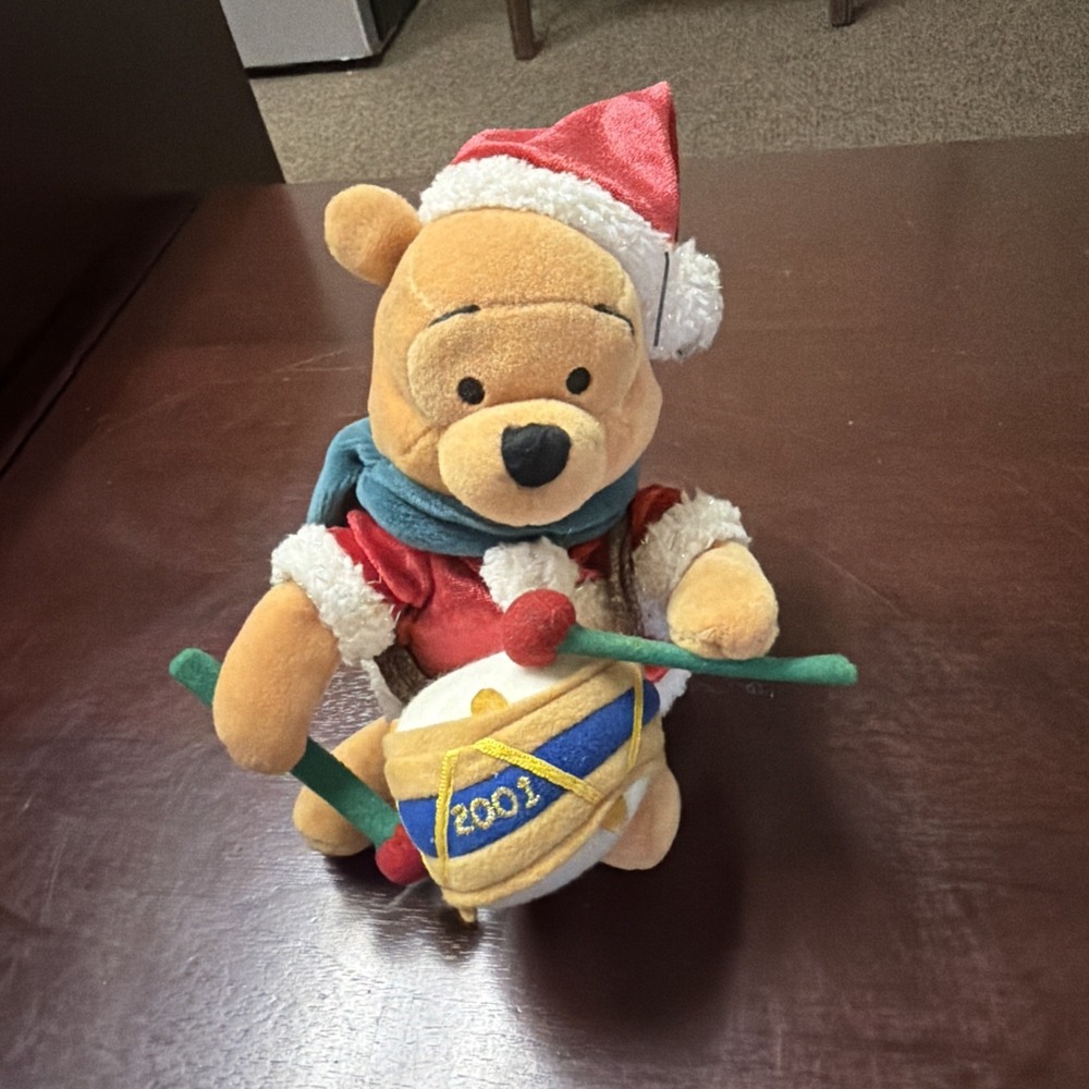 Vintage 2001 Winnie the Pooh Drummer Bean Plush Disney Store Christmas